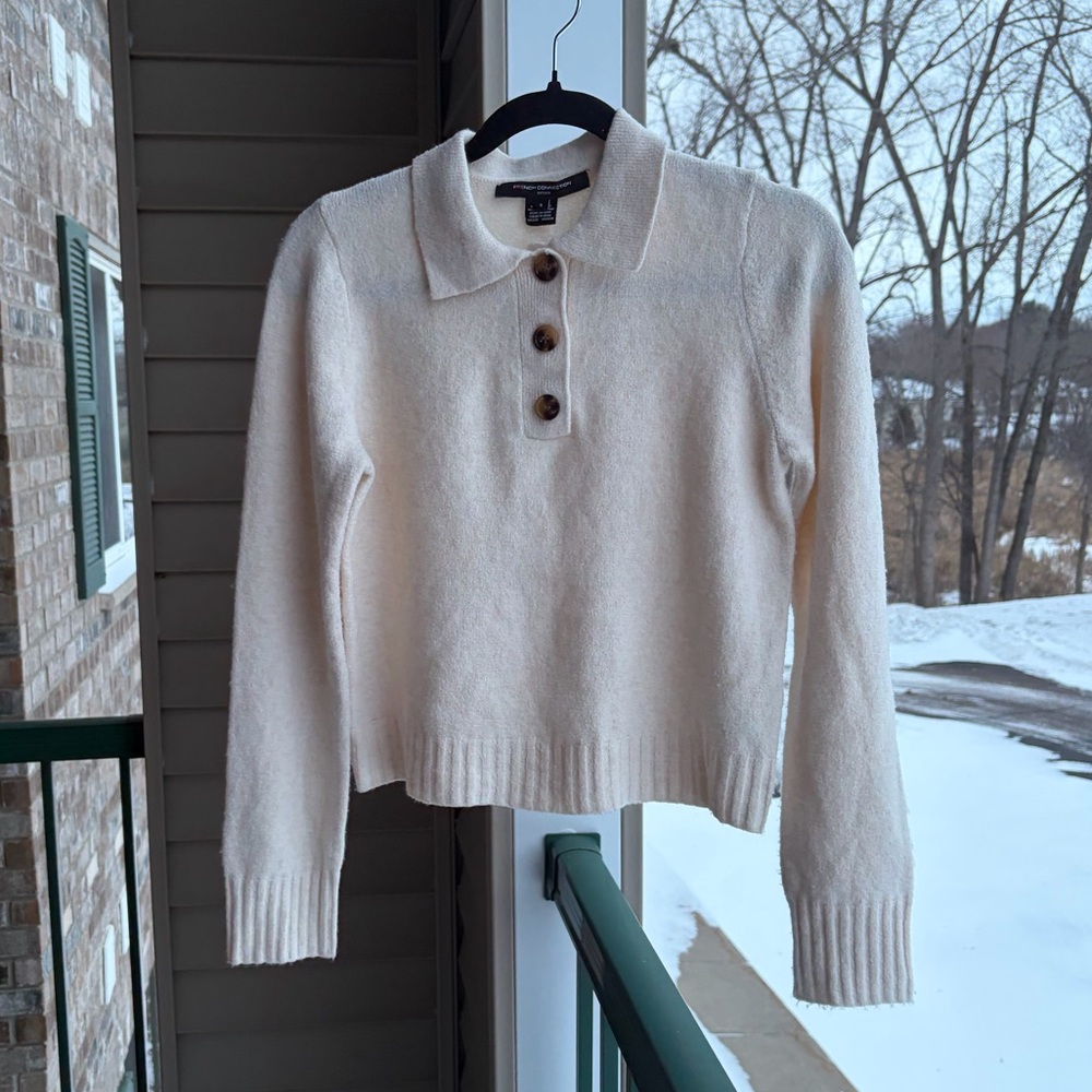 🆕 French Connection Cream Knit Polo Sweater Button Front Soft Stretchy Size S - Picture 3 of 15